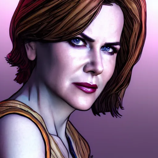 Image similar to nicole kidman portrait, borderlands, tales from the borderlands, the wolf among us, comic, cinematic lighting, studio quality, 8 k