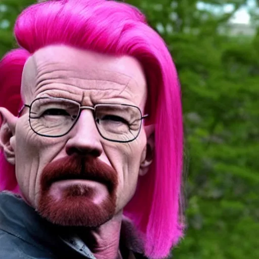 Image similar to walter white wearing a pink hair wig