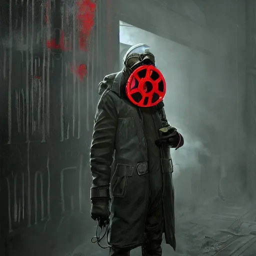 Image similar to hooden villain wearing a gas mask with red goggles, smoke coming out of his long coat, dark background, wall with graffiti, unreal engine 5, ultra realistic, detailed, fog, by greg rutkowski