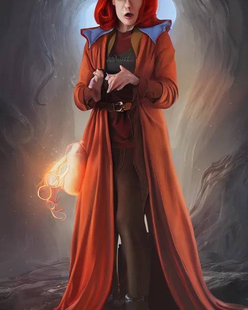 Image similar to Dana Scully as an elf warlock, colorful robes, laughing, pointed ears, casting chaos magic, D&D character art, realistic digital painting, fantasy art, digital painting, character portrait, intricate ornamentation, by WLOP, Artstation Trending, Wayne Reynolds