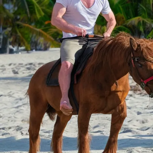 Image similar to michael c hall as dexter morgan riding a mini horse on the beach in miami