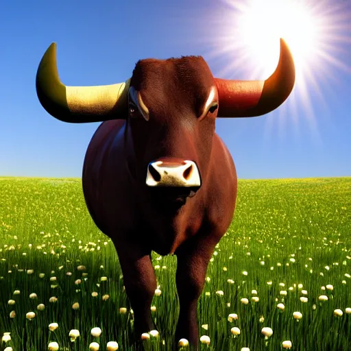 Prompt: a bull dressed in a scottish kilt, a photo shoot, the sun is shining, a chamomile field by by greg hildebrant, trending on artstation, 3 d art station