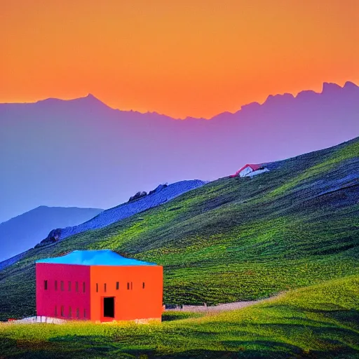 Prompt: minimalistic house on a tall mountain during the sunset, bright colors, soft colors, washed out colors, devianart, 8k,