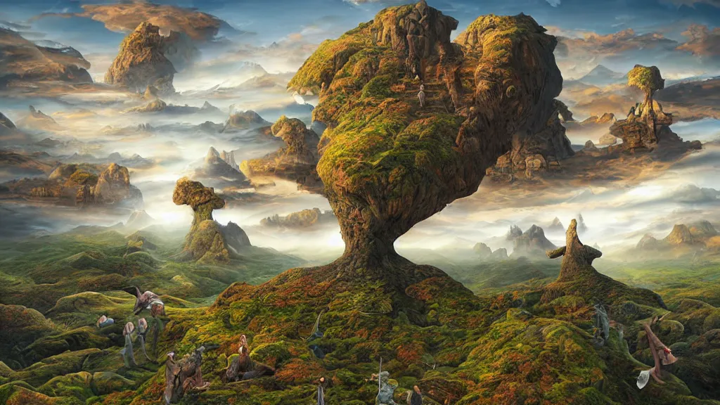 Prompt: fantasy landscape with anthropomorphic terrain in the styles of igor morski, jim warren, and rob gonsalves, intricate, hyperrealistic, volumetric lighting, distinct horizon