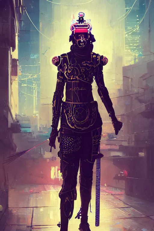 Image similar to a janissary, cyberpunk futuristic neon. fencing, long sword in her hand, decorated with traditional japanese ornaments by ismail inceoglu dragan bibin hans thoma greg rutkowski alexandros pyromallis nekro rene maritte illustrated, perfect face, fine details, realistic shaded, fine - face, pretty face, masterpiece