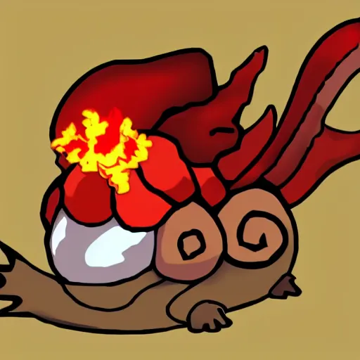 Prompt: a fire type snail pokemon
