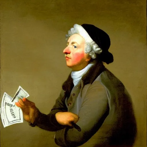 Prompt: Joseph Ducreux meme Self-portrait of the artist in the guise of a mockingbird with piles of money