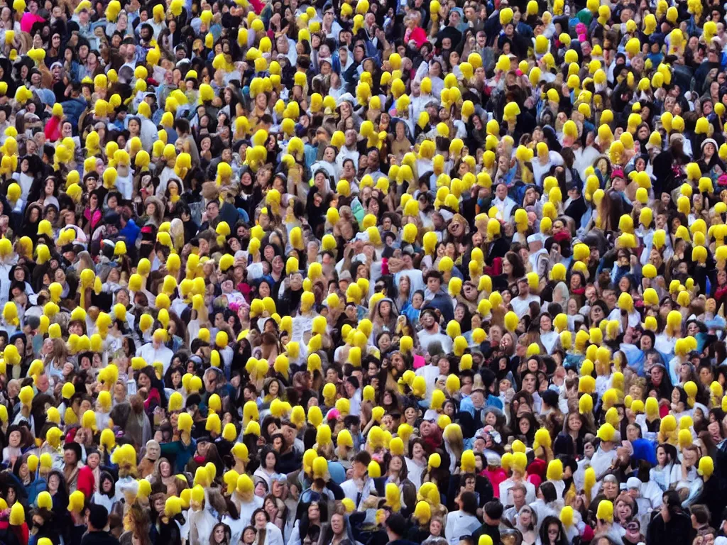 Prompt: 10,100 humans wearing angel costumes. they look up at the sky. they look at the viewer in joy. there is egg yolk in the middle of the crowd.