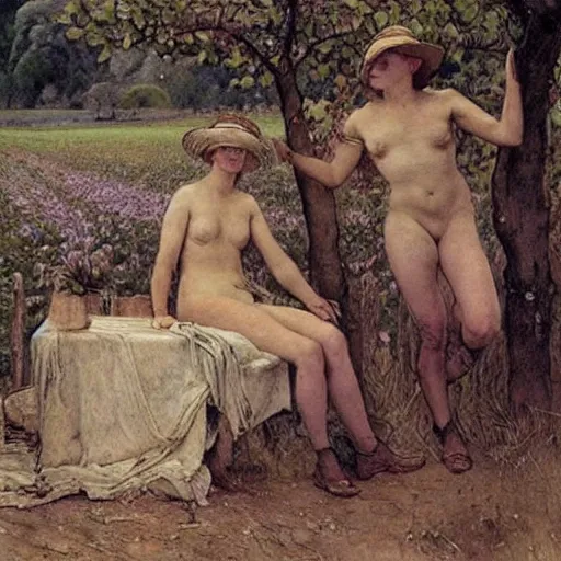 Image similar to by walter langley calm. a beautiful body art depicting a farm scene. the body art shows a view of an orchard with trees in bloom.