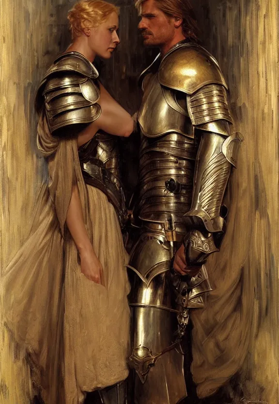 Image similar to attractive fully clothed jaime lannister confesses his love for attractive fully clothed armored brienne of tarth. highly detailed painting by gaston bussiere and j. c. leyendecker 8 k