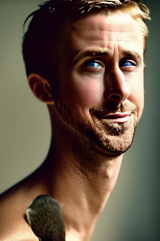 Prompt: ryan gosling fused with a goose, construction, natural light, bloom, detailed face, magazine, press, photo, steve mccurry, david lazar, canon, nikon, focus