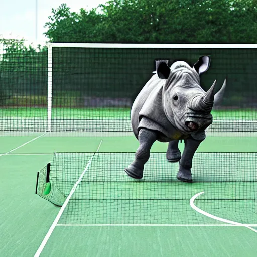 Image similar to rhinoceros playing badminton, photorealistic, detailed