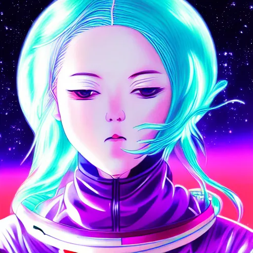 Prompt: portrait of a young astronaut girl, flowing white hair, loish, yoshitoshi abe, murata range, synthwave, manga, anime, vibrant, gradation, beautiful, dreamy, ((space nebula background))