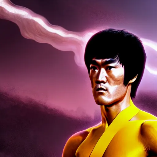 Image similar to bruce lee as archangel by tsuyoshi nagano, illustration, cinematic lighting, hyperdetailed, 8 k, symmetrical, frostbite 3 engine, cryengine, dof, trending on artstation, digital art, crepuscular ray