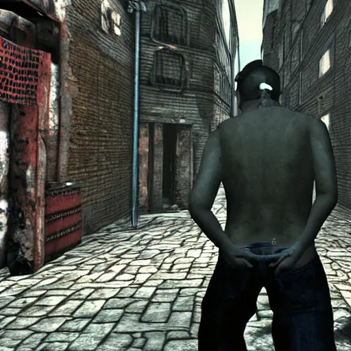 Image similar to screenshot from old playstation game, third person, horror, mohawk punk, silent hill