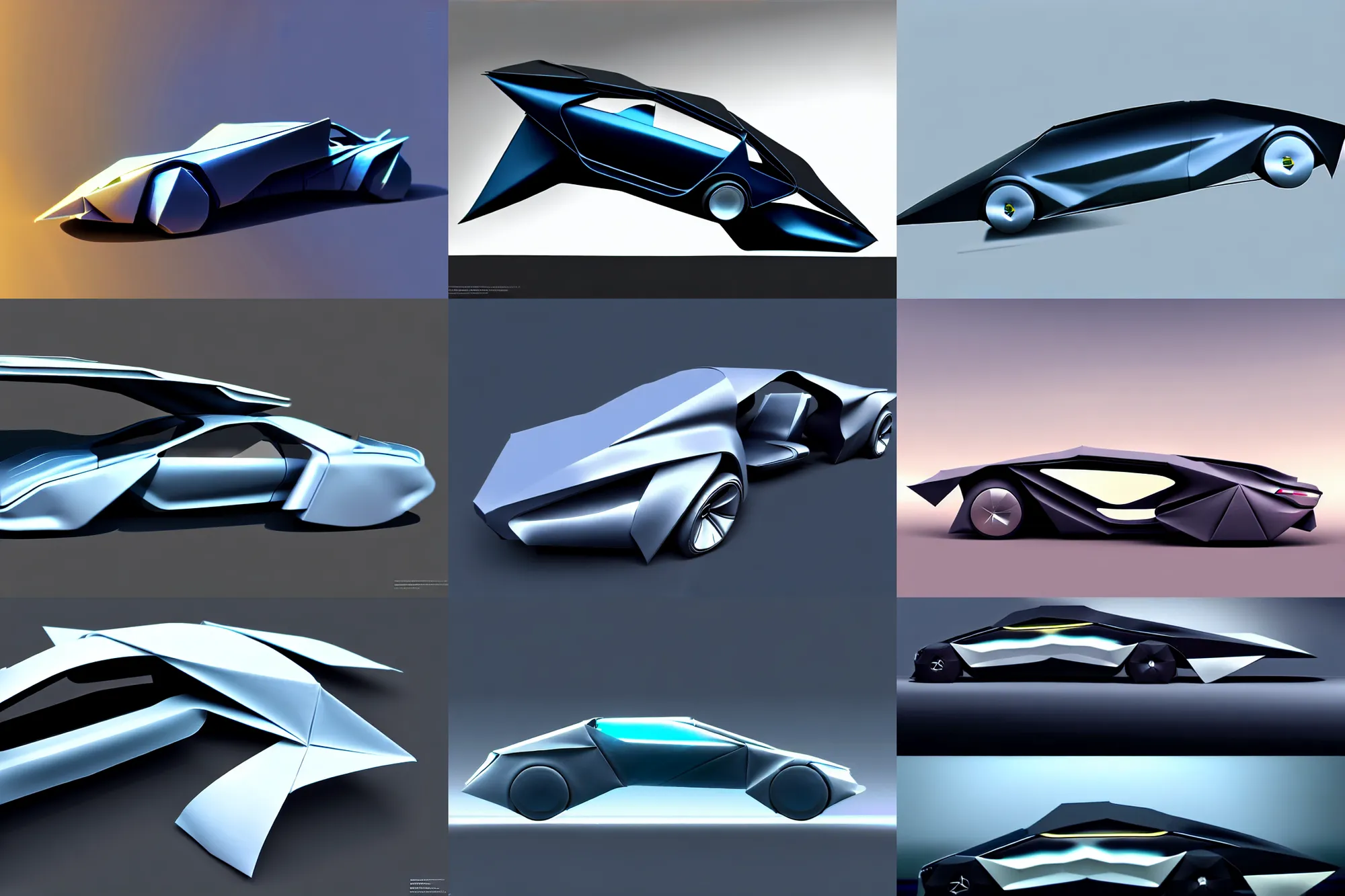 Prompt: digital matte painting : : of a curvilinear origami future sedan, glass and metal : : peugot onyx, renault ultimo, sci fi, artstation, concept art, industrial design, modern architecture, rutkowski