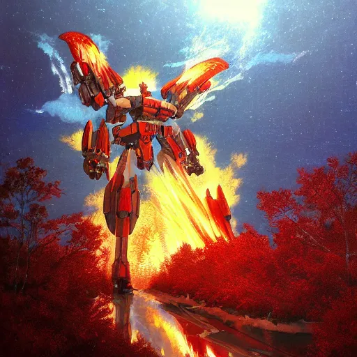 Prompt: beautiful picture of a giant Mecha, flamethrower, fire, burning forest, anime style, art by Yasuhiko Yoshikazu, trending on Artstation