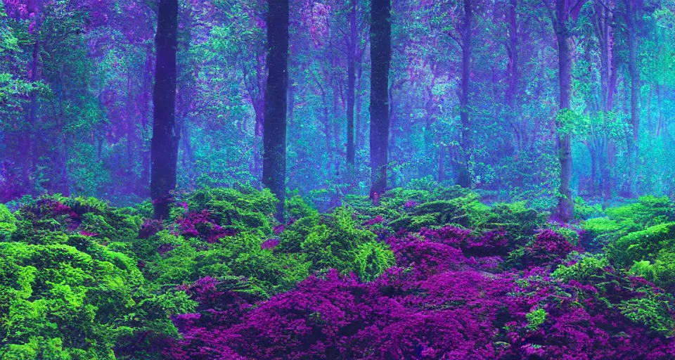 Image similar to 3d Render of blue green red and purple deep sea forest, grainy, noisy