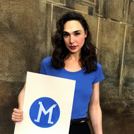 Image similar to Gal Gadot holding a sign that says M I T C H I as painted by Ralph Horsley