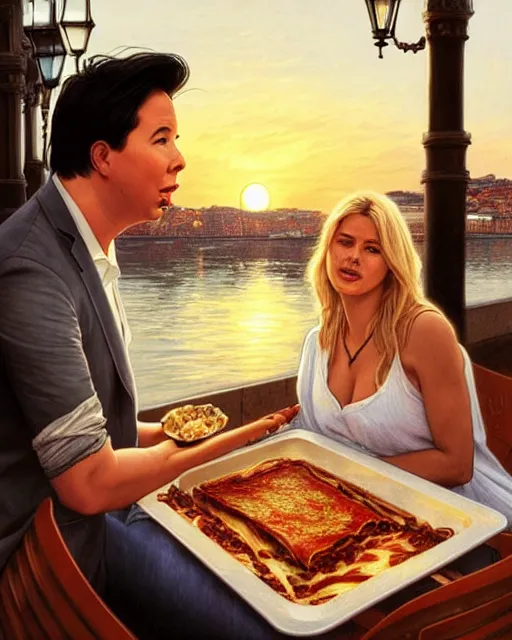 Prompt: Portrait of Michael Mcintyre & a blonde lady eating lasagna on waterfront in Porto, sunset, real life skin, intricate, elegant, highly detailed, artstation, concept art, smooth, sharp focus, art by artgerm and greg rutkowski and alphonse mucha