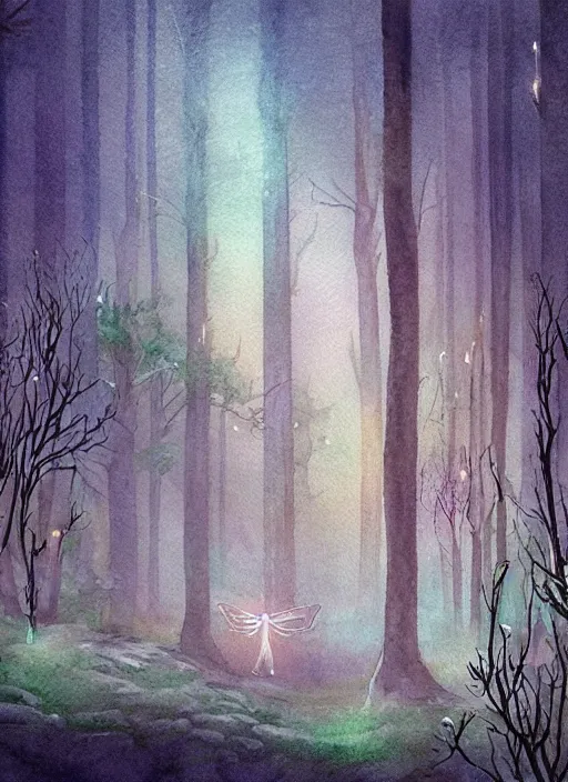 Image similar to pipe organ forest with fairy lights, light ground fog, river, detailed fantasy watercolor comic style, subtle colors, by tony sart