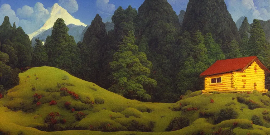 Prompt: a log cabin on a windy hillside, style of maxfield parrish, oil painting, high art,