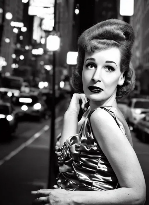 Prompt: a hyper realistic and detailed head portrait photography of a joan holloway of mad men on madison avenue, new york city. by annie leibovitz. noir style. cinematic. neon lights glow in the background. ilford hp 5 4 0 0, canon eos c 3 0 0, ƒ 1. 8, 3 5 mm, 8 k, medium - format print