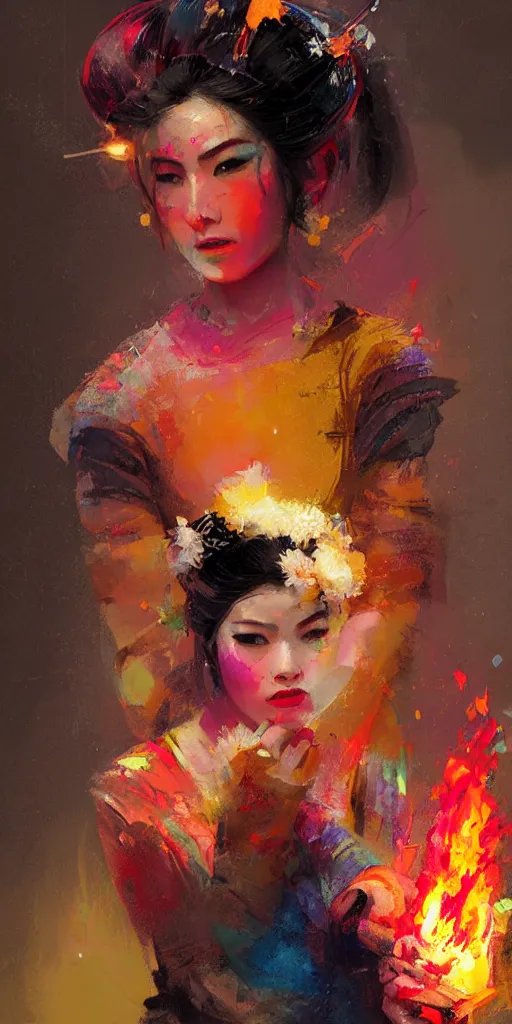 Image similar to female geisha girl holding a colorful flame, beautiful face, colourful, rule of thirds, intricate outfit, spotlight, by greg rutkowski, by jeremy mann, digital painting