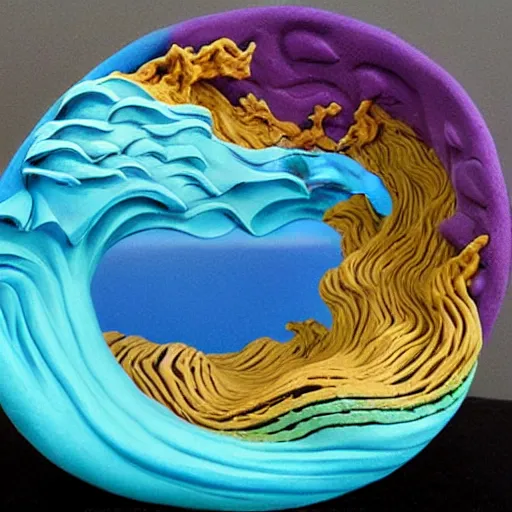 Image similar to claymation, 3 d clay sculpture, made of clay, ocean waves sculpture, colorful, inspired by hokusai, detailed