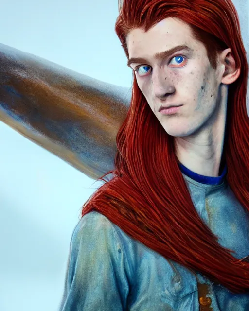 Image similar to a hyper real portrait painting of tall, thin, 1 5 - year - old boy with a long nose, a lot of freckles, fiery red hair, and bright blue eyes, 4 k, 8 k, d & d concept art, unreal 5, daz, hyperrealistic, octane render, cosplay, rpg portrait, dynamic lighting