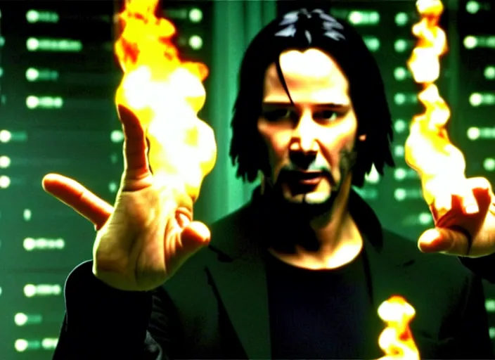 Image similar to A photo of Keanu Reeves as Neo in The Matrix movie doing a thumb up to the camera in front on burning servers, servers in flames in the background, happy system administrator doing a thumb up, uncropped, full body, crispy, ultra detailed