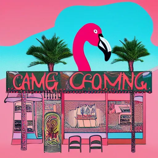 Prompt: the flamingo cafe by william maranci, weirdcore folk album cover artstation behance hd unsplash contest winner