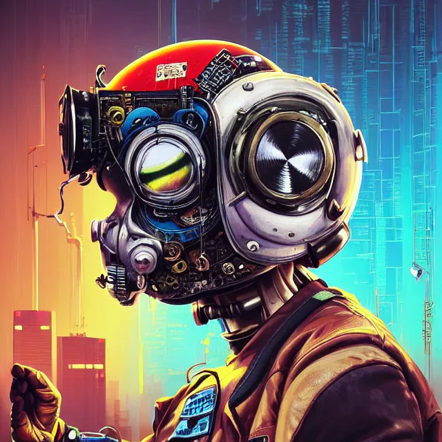 Image similar to a portrait of an anthropomorphic cyberpunk baboon in a crash helmet by sandra chevrier, detailed render, tape deck, boombox, headphones, epic composition, cybernetics, 4 k realistic, cryengine, realistic shaded lighting, sharp focus, masterpiece, by matteo scalera, gary montalbano, peter elson in the style of the tokyo ghost comic