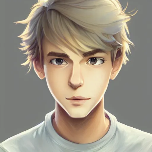 Prompt: young man with short, ash blond greyish hair, light brown eyes, casual clothes, path traced, highly detailed, high quality, digital painting, by don bluth and ross tran and studio ghibli and alphonse mucha, sylvain sarrailh