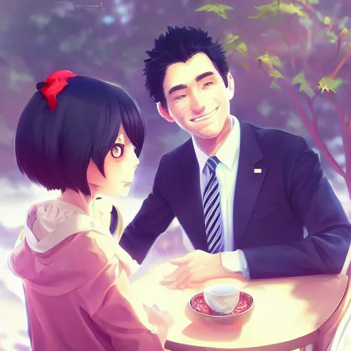 Image similar to photorealistic Joe Biden meets a beautiful smiling anime girl with black hair and hime cut sitting under a tree, Stanley Artgerm Lau, WLOP, Rossdraws, Ilya Kuvshinov, artstation