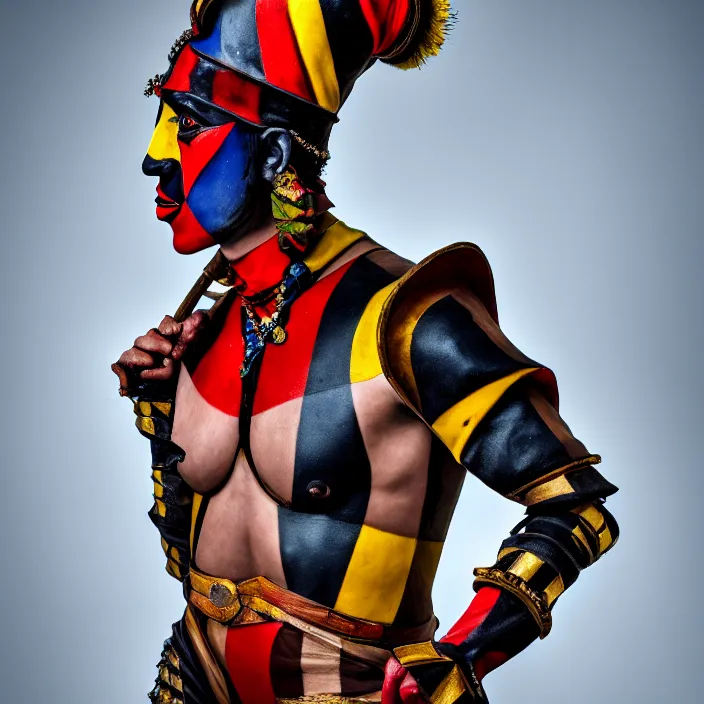 Prompt: full body photo of a real - life beautiful harlequin warrior, 8 k, hdr, smooth, sharp focus, high resolution, award - winning photo