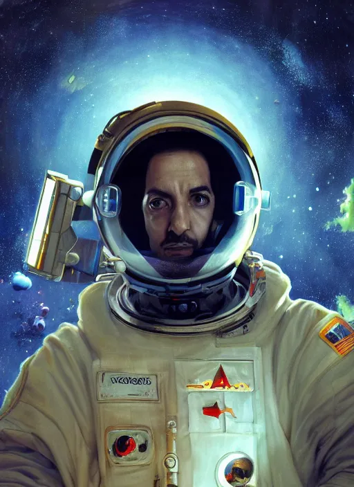 Image similar to ali g astronaut, the expanse, sci fi, futuristic, detailed illustration, digital art, trending on artstation, soft ambient lighting, volumetric lighting, rim lighting, yoshitaka amano, alphonse mucha, arney freytag, maxfield parrish, new art nouveau