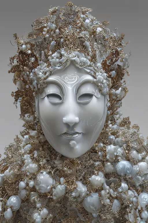 Image similar to highly detailed digital painting of a woman wearing venetian woman mask, sculpted in white opalescent marble, by wlop, with lots of thin ornaments, disolving with a luminous background, curves and chaotic fractal art inlays, intricate, 8 k, white box, cinematic light, high aperture, background atmospheric effects, larger view