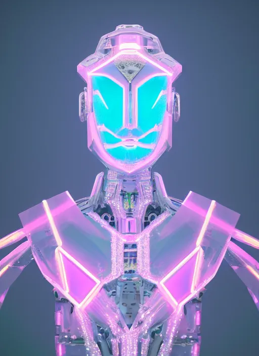 Prompt: photo of fullbodied baroque and bladerunner delicate neon diamond sculpture of robot onyx albino marble prince kai harvatz dotado pink iridescent robotic mask psychedelic, reclining, glowing magenta face, crown of white diamonds, cinematic lighting, photorealistic, octane render 8 k depth of field 3 d