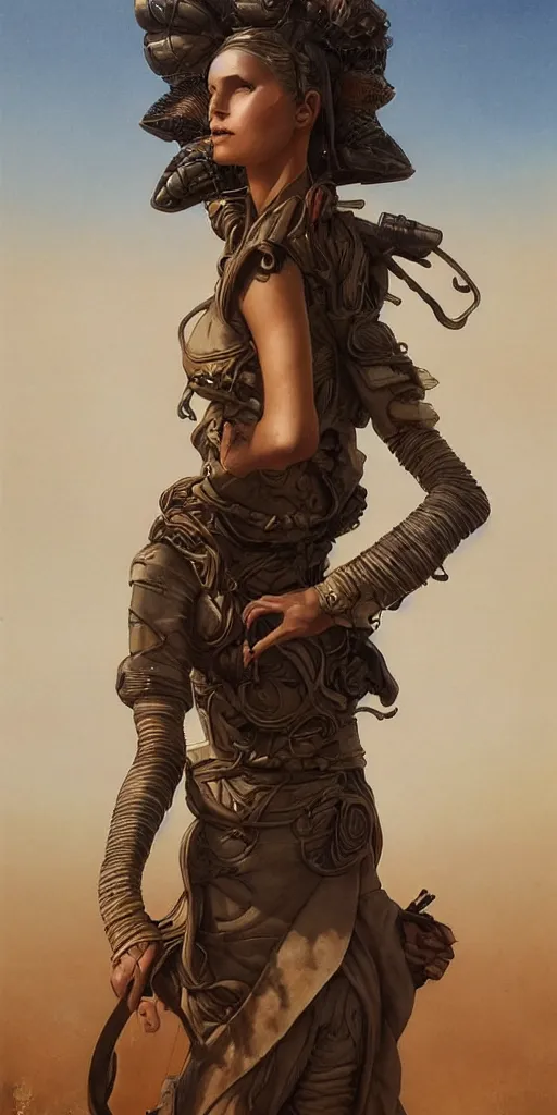 Image similar to a stunning hyperrealistic character from the movie Dune walking through an arid minimalistic desert with harsh noon sunlight with an oasis in the background, award-winning, masterpiece, in the style of Tom Bagshaw, Cedric Peyravernay, Peter Mohrbacher