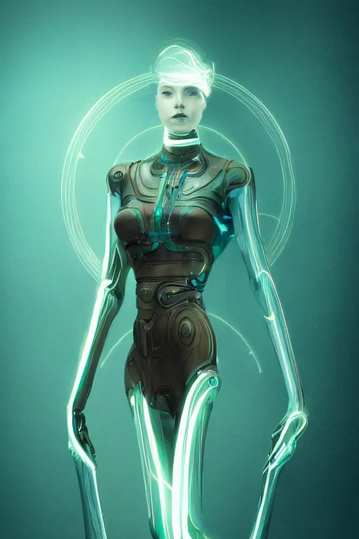 Prompt: full figure portrait, dynamic pose, of a thin elongated female android made of chrome and wood, lean sleek styling, feminine curves, reflective, inscribed etched with gnostic runes, lines of deeply inset glowing turquoise by jessica rossier