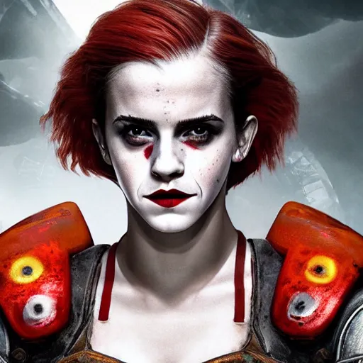 Prompt: emma watson as a clown in gears of war, splash art, movie still, cinematic lighting, ray tracing, detailed clown face, octane render, long lens, shallow depth of field, bokeh, anamorphic lens flare, 8 k, hyper detailed, 3 5 mm film grain