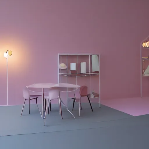 Image similar to An ultra high definition, professional photograph of a partial IKEA showroom inspired sculpture located on a pastel pink beach ((with pastel pink, dimpled sand where every item is pastel pink. The sun can be seen rising through a window in the showroom.)) The showroom unit is outdoors and the floor is made of dimpled sand. Morning time indirect lighting with on location production lighting on the showroom. In the style of wallpaper magazine, Wes Anderson.