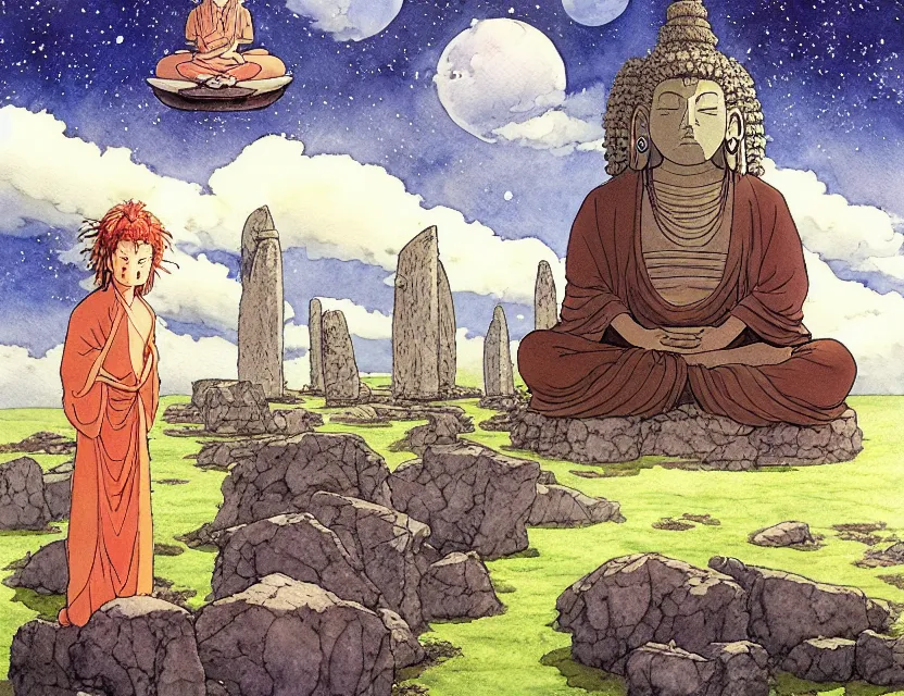 Prompt: a hyperrealist studio ghibli watercolor fantasy concept art of a giant long haired buddha in lotus position in stonehenge with a starry sky in the background. a scary lovecraftian ufo is floating in the air. by rebecca guay, michael kaluta, charles vess