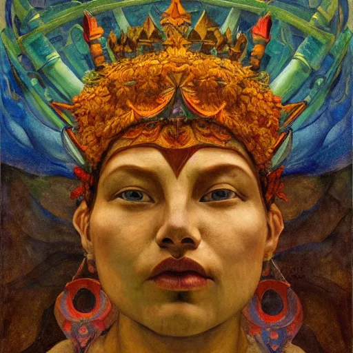 Prompt: the forest crown, by Annie Swynnerton and Nicholas Roerich and Diego Rivera, blue skin, elaborate costume, geometric ornament, rich color, dramatic cinematic lighting, smooth, sharp focus, extremely detailed