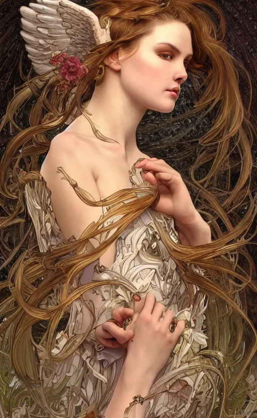 Image similar to a photograpic portrait of a pretty woman, angel, fantasy, intricate, elegant, highly detailed, digital painting, artstation, centered, concept art, smooth, sharp focus, illustration, art by artgerm and h r giger and alphonse mucha