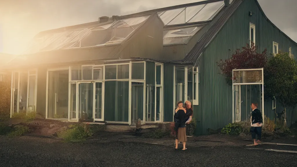 Prompt: a couple, green house, quiet street, reykjavik, sunset lighting, rim light, hyper realistic, cinematic frame