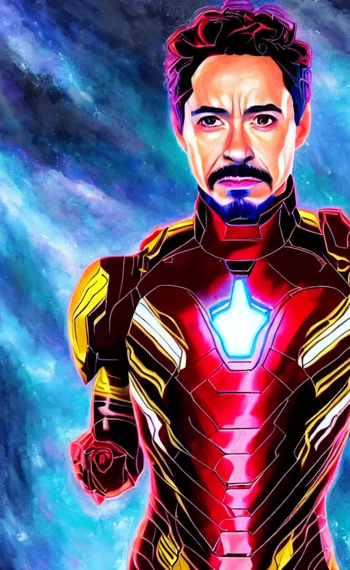 Image similar to portrait of robert sheehan as tony stark from the avengers infinity war, marvel concept art, hyperrealistic, detailed, accurate illustration, dramatic lighting, action pose