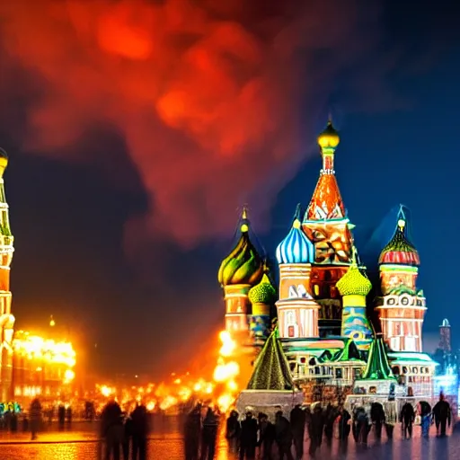 Image similar to high quality photo of fire on Red Square in Moscow, highly detailed, 8k, professional