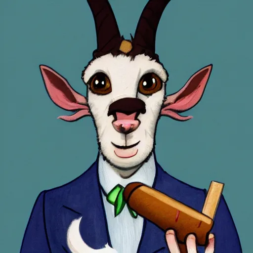 Image similar to award winning character art commission of an anthro furry humanoid goat smoking a cigar, three piece suit, in the style of norman rockwell,